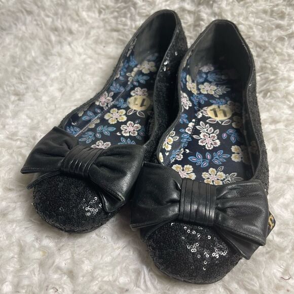Tory Burch Divine Bow  black Sequin Leather Flats with front bow accent Size 11 - Picture 1 of 10